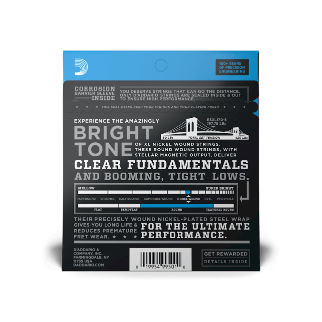 D'Addario EXL170-5, cuerdas con entorchado en níquel para bajo de 5 cuerdas, blandas, 45-130, escala larga
